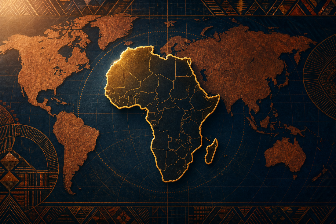 Editorial illustration of Africa highlighted in gold over an abstract world map for Colourfro Journal.