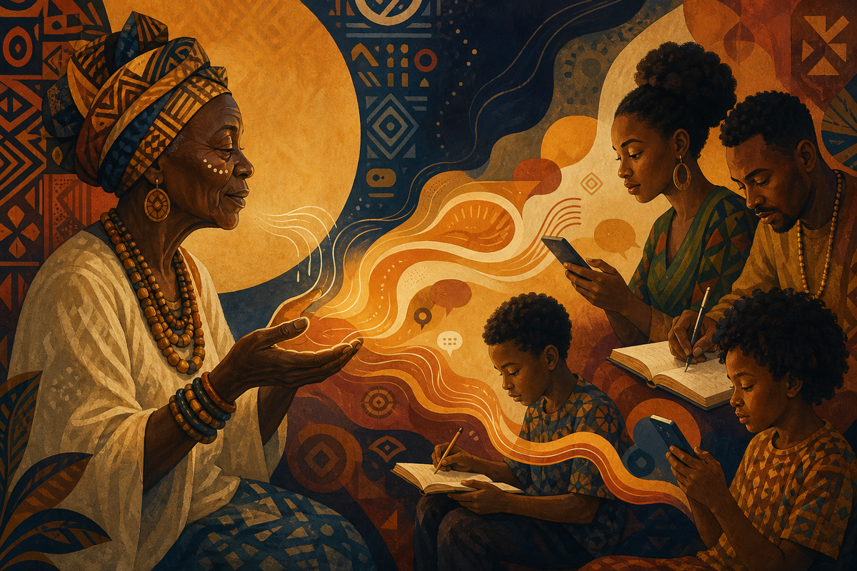 Editorial illustration of African language, family memory, and digital reconnection for Colourfro Journal.