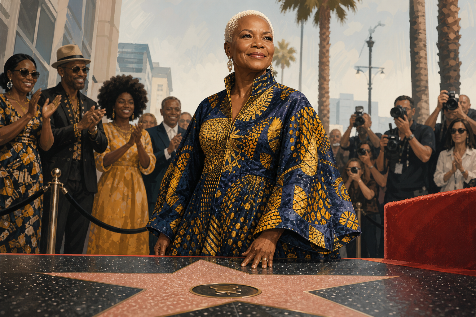 Editorial illustration of Angélique Kidjo at a Walk of Fame-style ceremony